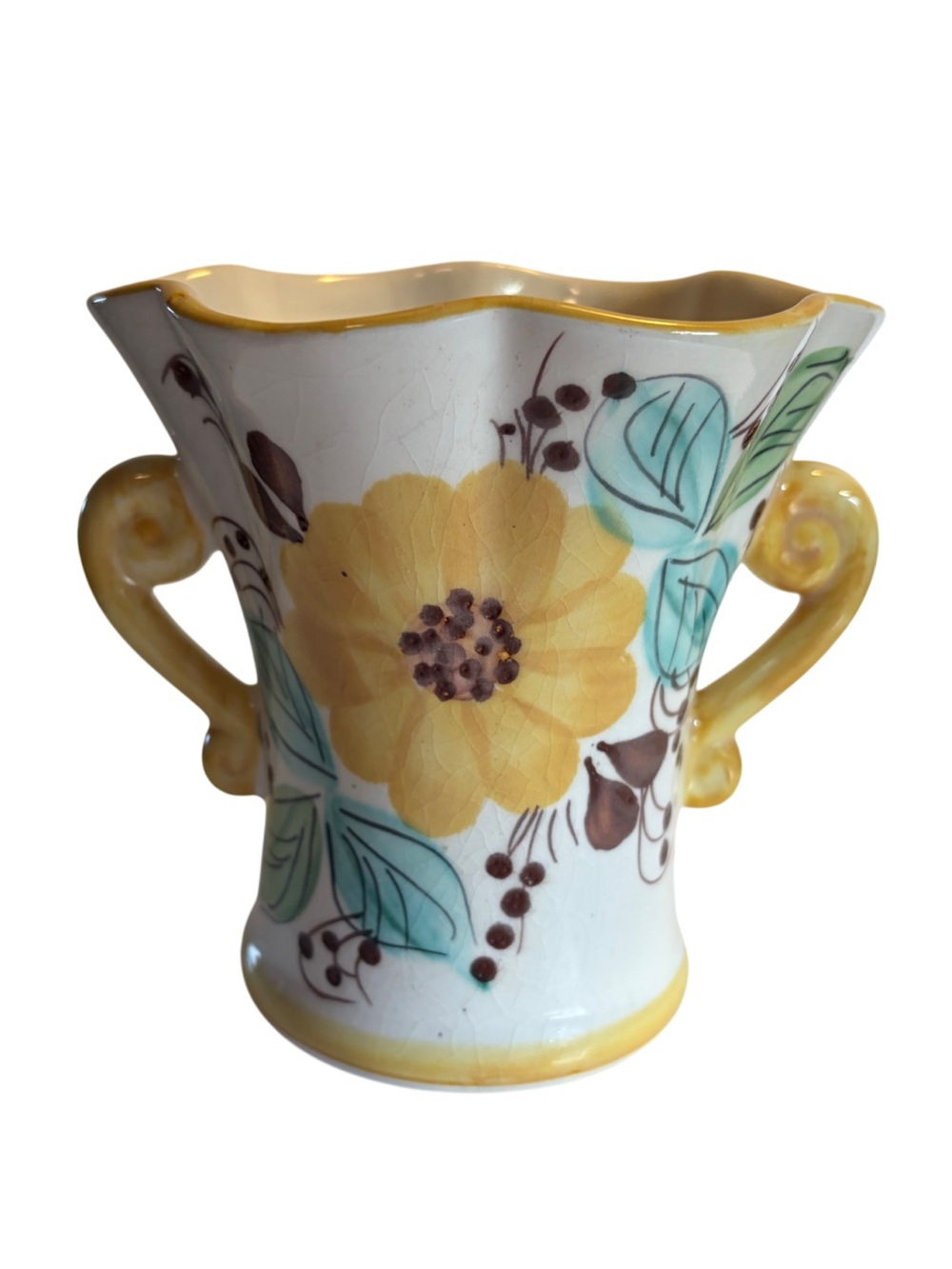 Vintage Hand-Painted Portuguese Yellow Floral Ceramic 6” Vase Double Handles FTD